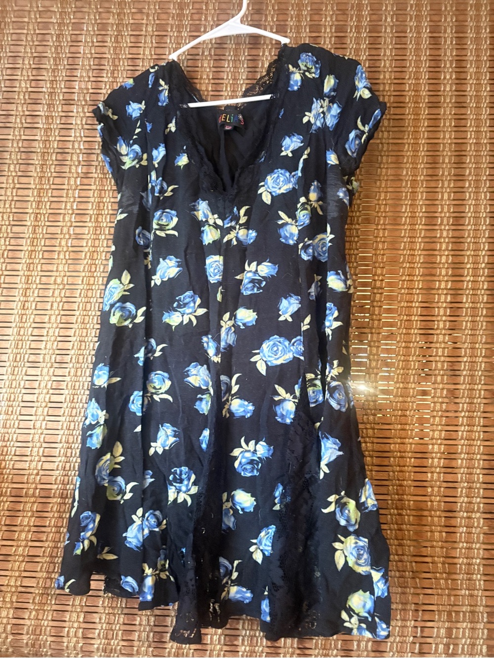 Dolls Kill Black Mini Dress with Blue Rose Print